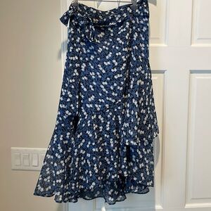 Ann Taylor navy, white floral asymmetrical midi length skirt with flounce